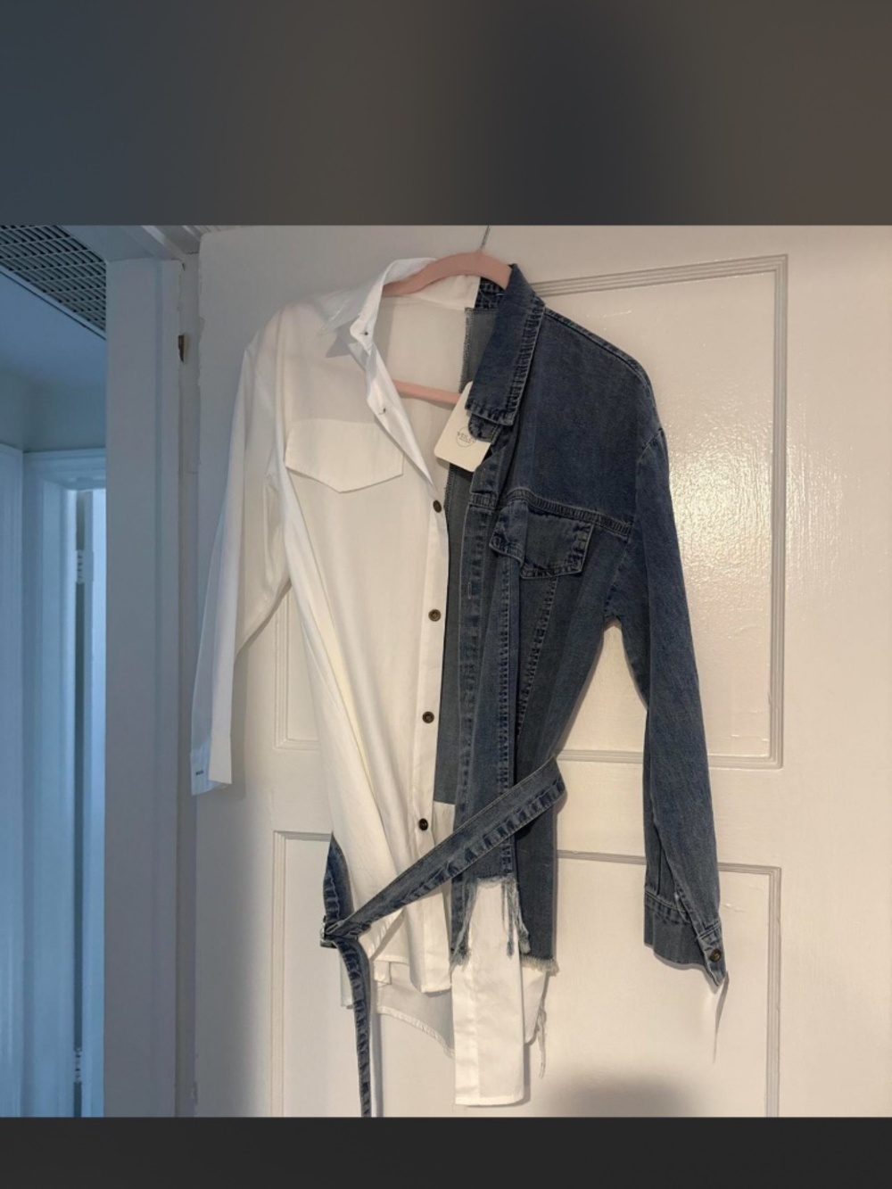 Spliced denim and white button-down shirt features a belted waist